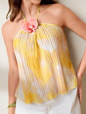 Yellow Casual Women's Knitted Pleated Floral Print Sleeveless Halter Top